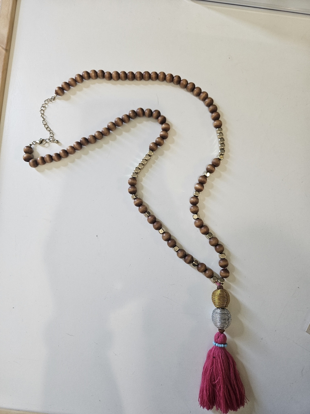 Boho Pink Tassel Wooden Bead Necklace